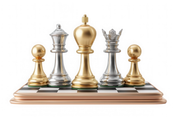 Strategy on the Board: A captivating view of gleaming chess pieces, the golden king takes center stage, and standing on a beautifully detailed chessboard, showcasing intellect and strategic prowess. 