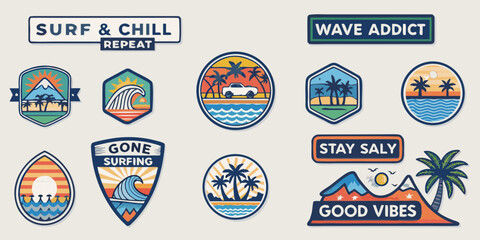 Collection of retro surf and beach themed patches with palm trees mountains waves and slogans © Bipul