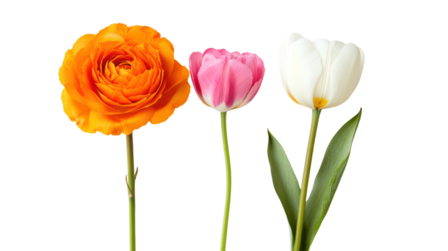 Three delicate blooming flowers orange pink and white isolated on transparent background