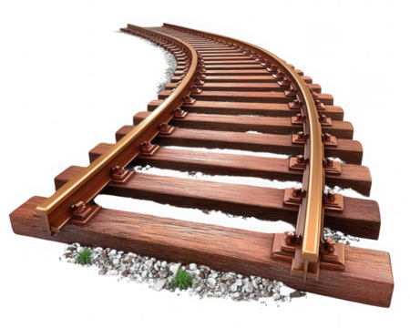 Railroad Tracks Curve: A photorealistic railroad track curves gracefully, illustrating journey and progress in transport, featuring a network of tracks with wood and metallic construction.