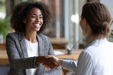 A young African woman in a suit smiles and shakes hands with a client or partner in a modern office. Concept: closing a deal, concluding a contract, collaboration, business