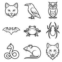 Spooky Halloween Animal and Creature Line Art Icon Set
