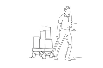 Men pulling loading carts. Loading carts concept one-line drawing