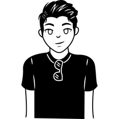 Illustration of a Young Man with Stylish Hair and Sunglasses Draped Over His Collar Smiling in a Casual Black T Shirt Against a Transparent Background
