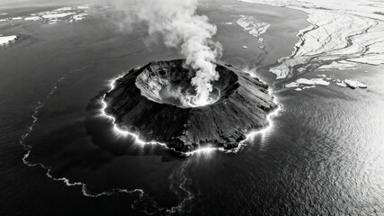 Black-and-white satellite image of a newborn island glowing with geothermal energy in glacial waters.	