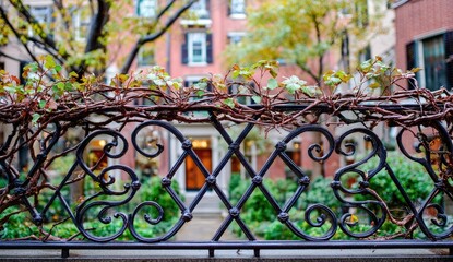 Ornate black metal fence with autumn vines in front of residential buildings.