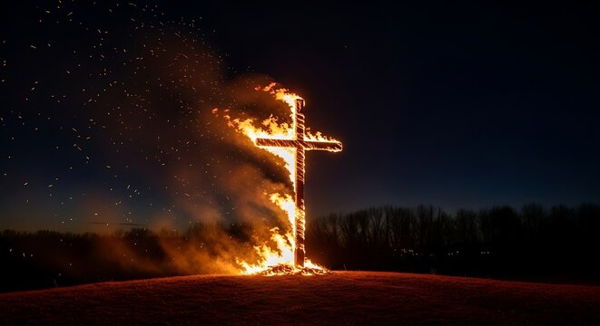 Burning cross at night, symbol of hate and fear.