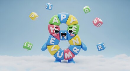 Colorful Cartoon Character Shaped Like Number Eight with Alphabet Blocks.
