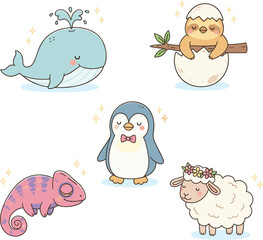 A Vector Illustration Set of Cute Kawaii Animals, Including a Whale, Sloth, and Penguin