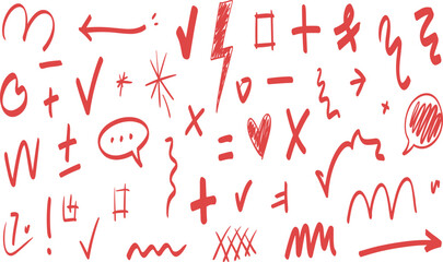 Red hand drawn doodles and sketch symbols with arrows, check marks, speech bubbles, highlights for creative notes and design accents