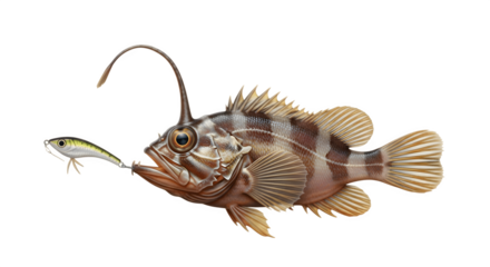 Striped anglerfish predatory hunting scene.