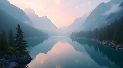 Aerial View of Mountain Lake in Morning Mist – Serene Landscape Photography