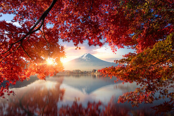 Colorful Autumn Season and Mountain Fuji with morning fog and red leaves at lake Kawaguchiko is one...
