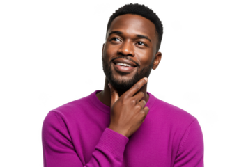 Man in purple sweater thinking, isolated on transparent background