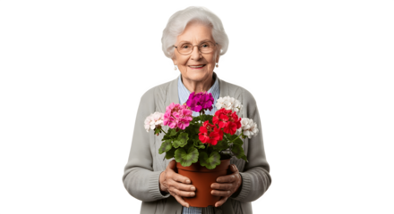 Smiling elderly woman holding a potted plant with colorful flowers.