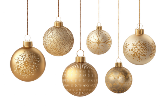 A collection of gold colored Christmas ornaments hanging from a string