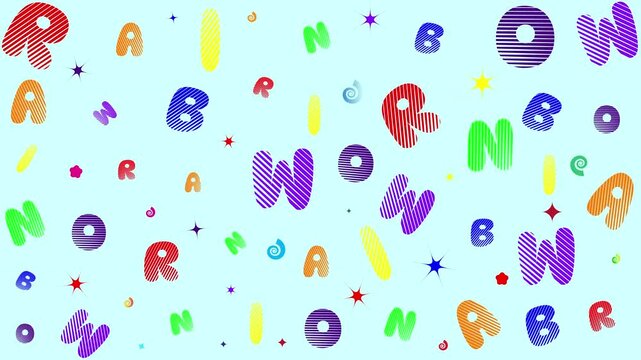 ABC Pattern with many colorful scattered letters spelling out the word rainbow. Suitable for design projects, educational materials, and children graphics.