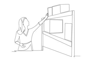 Woman stocking goods on shelves. Stocking shelves concept one-line drawing