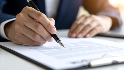 Naklejka premium Business or tax document review and signing with fountain pen