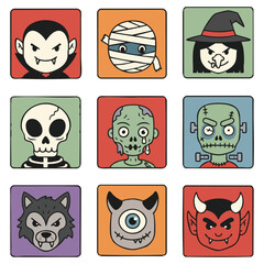 Halloween monster stickers – Dracula, mummy, witch, zombie, Frankenstein, werewolf, demon, skull