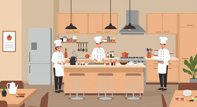 Chefs preparing food in a professional kitchen illustration.