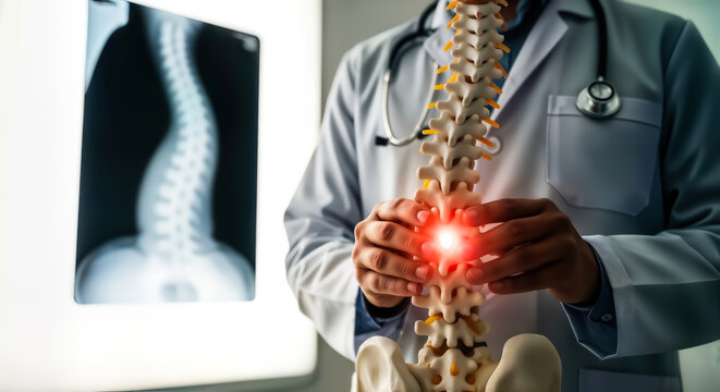 Doctor examining a human spine model with scoliosis and an xray showing the spinal curvature, highlighting pain and medical examination