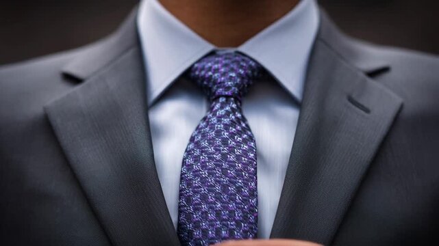 Gray suit jacket with purple patterned necktie and striped shirt collar for professional business formal portrait conveying confidence and refined