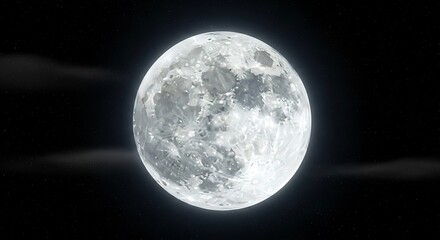 A full moon with visible craters and textures in a dark night sky with faint stars and clouds around it