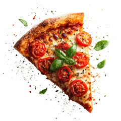 A slice of pizza with tomatoes and basil on top