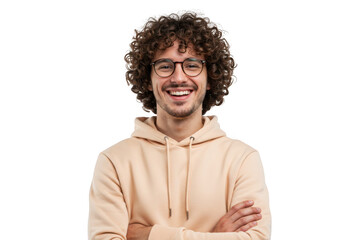 Man with curly hair and glasses isolated on transparent background