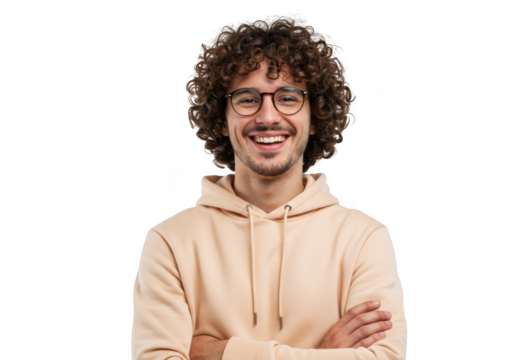 Man with curly hair and glasses isolated on transparent background