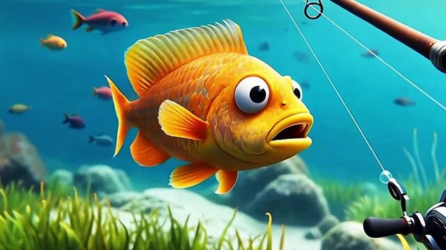 A cartoon-style, wide-eyed orange fish with yellow fins is animatedly  floating in a vibrant underwater scene near a fishing rod and reel, looking  slightly surprised or concerned.