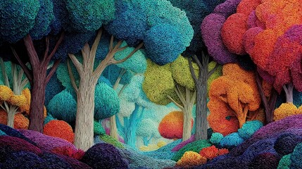 Supersurrealism Art: Prismatic Trees in a Forest Made from Twisted Fibers and Paint Brush Tops. A Vibrant Landscape with Paint-Filled Leaves