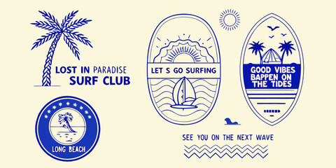 Retro blue line art surf club graphics with palm trees and ocean waves