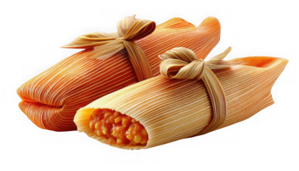 Tamales Delights: Two delectable tamales, each expertly wrapped in corn husks and tied with a ribbon. A mouthwatering culinary delight.