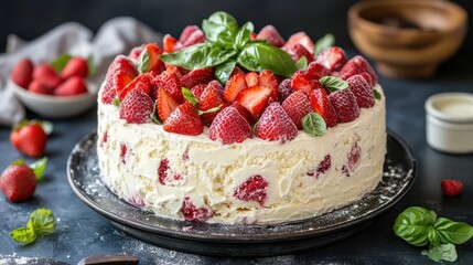Strawberry Ice Cream Cake Dessert on Dark Background