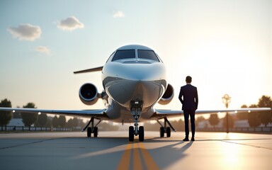 Closeup view of private jet airplane parked at outside and waiting business persons. Luxury tourism and business travel transportation concept. 3d rendering. High quality
