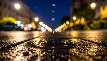 Atmospheric Close Up Night Rain Drop Impact Circular Ripple Scene