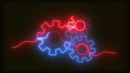 4k animation Seamless Loop auto Motive Gear hologram flicker neon light a technology isolated transparent . Alpha animated row of spinning gears on black background that appear in turn motion video.