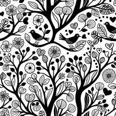 Organic black and white seamless pattern background, a harmonious botanical concept with stylized trees, elegant birds, delicate flowers, and flowing leaves, ideal for charming prints