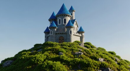 Fototapeta premium Fairytale Castle with Blue Roofs on Green Hilltop Under Clear Sky