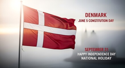 Danish Flag Waving Proudly on Constitution Day with Text Overlay.