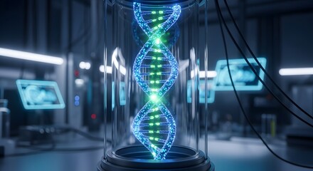 A glowing digital DNA double helix is displayed inside a glass containment unit in a futuristic science laboratory.