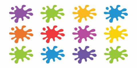 Collection of twelve colorful paint splatters in a grid formation isolated on a white background