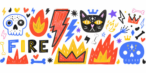 Vibrant hand drawn doodle elements featuring skulls fire lightning bolts crowns and a black cat