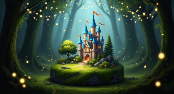 Magical Fairy Tale Castle in Enchanted Forest with Glowing Lights and Tall Trees