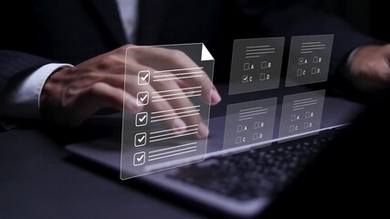 Online exam concept, Online education, assessment, questionnaire, evaluation. Businessman use laptop to choose answers for exam tests. - Powered by Adobe