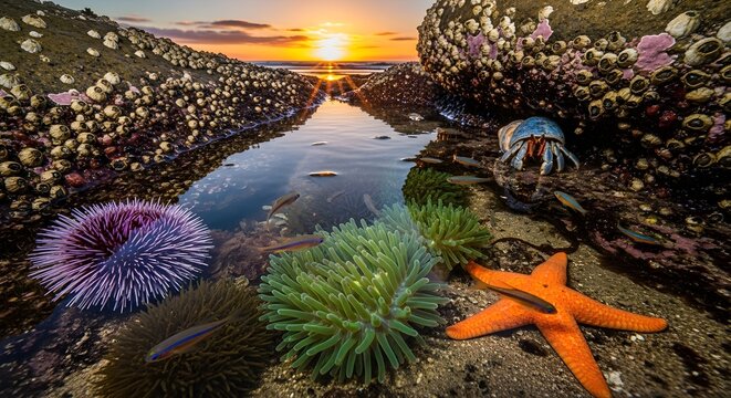 Vibrant tide pool life with sea anemones, urchins, starfish, and hermit crab at sunset.