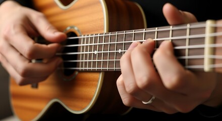 Fototapeta premium Close-up of hands playing a ukulele, musical instrument.