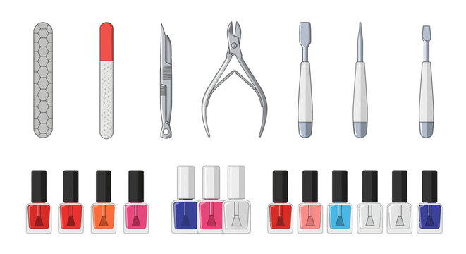 Manicure kit with tools and nail polish bottles various colors arranged in two rows